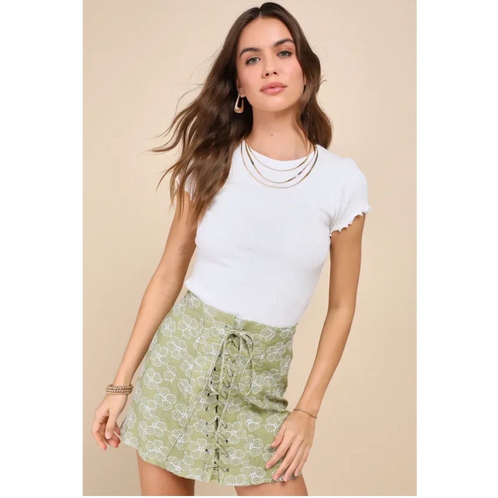 Green Floral Lace-Up Skirt